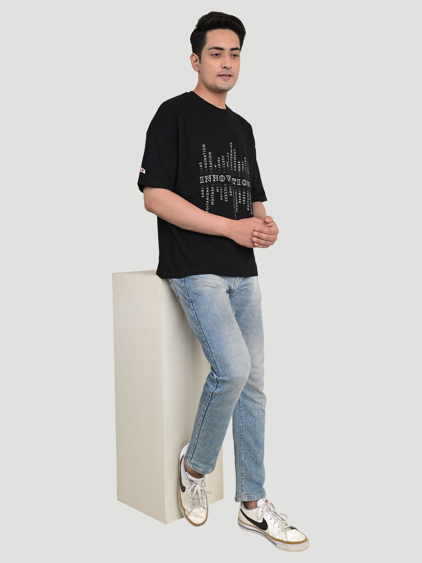 Men's Typography Round Neck Pure Cotton Oversize Black T-shirt